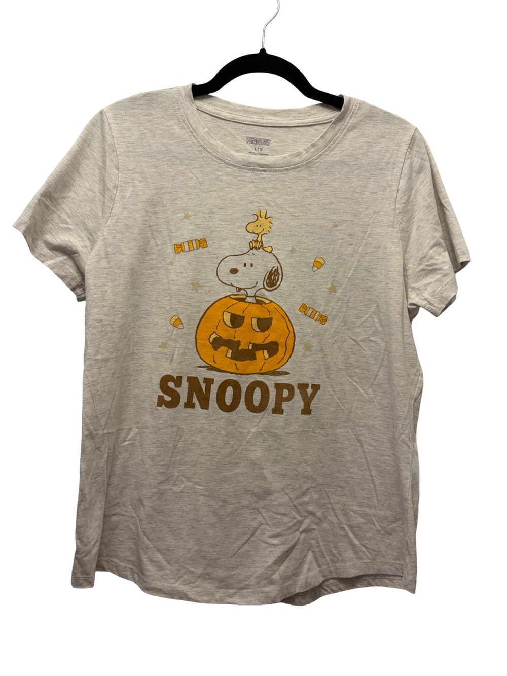 Peanuts Cream/Grey Snoopy Pumpkin Cotton Graphic Tee Shirt Size L